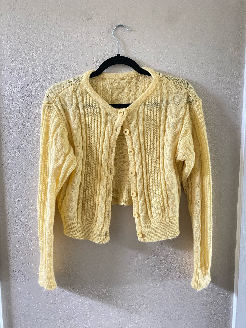 Yellow Cable-Knit Wool Blend Cardigan Sweater Size S